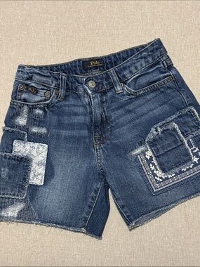 Girls Sz 12-RL Polo Patchwork Denim Shorts-EUC-Raw Hem-Adj Waist-100 Cotton